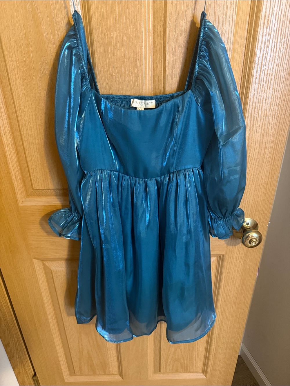 Teal Satin Puff-Sleeve Mini Dress